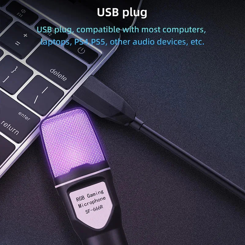 USB Microphone RGB Microfone Condensador Noise Reduction Wire Game Mic for Podcast Recording Studio Streaming Laptop Desktop PC