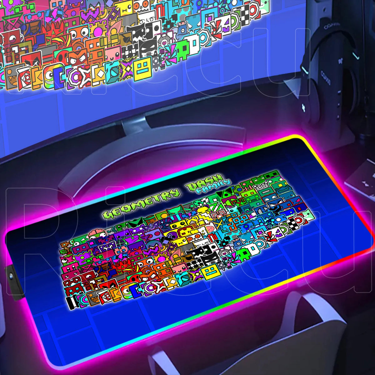 New RGB Mouse Pad Geometry Dash Gaming Desk Mat Laptops Anime Carpet Gamer PC Cabinet Large Gamers Accessories Computer Mousepad